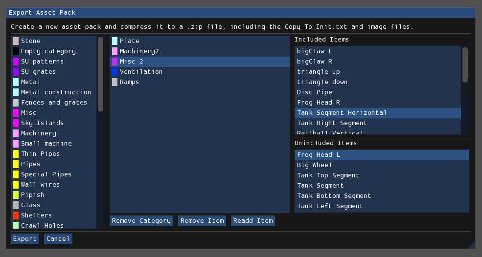 The asset manager's asset pack export window